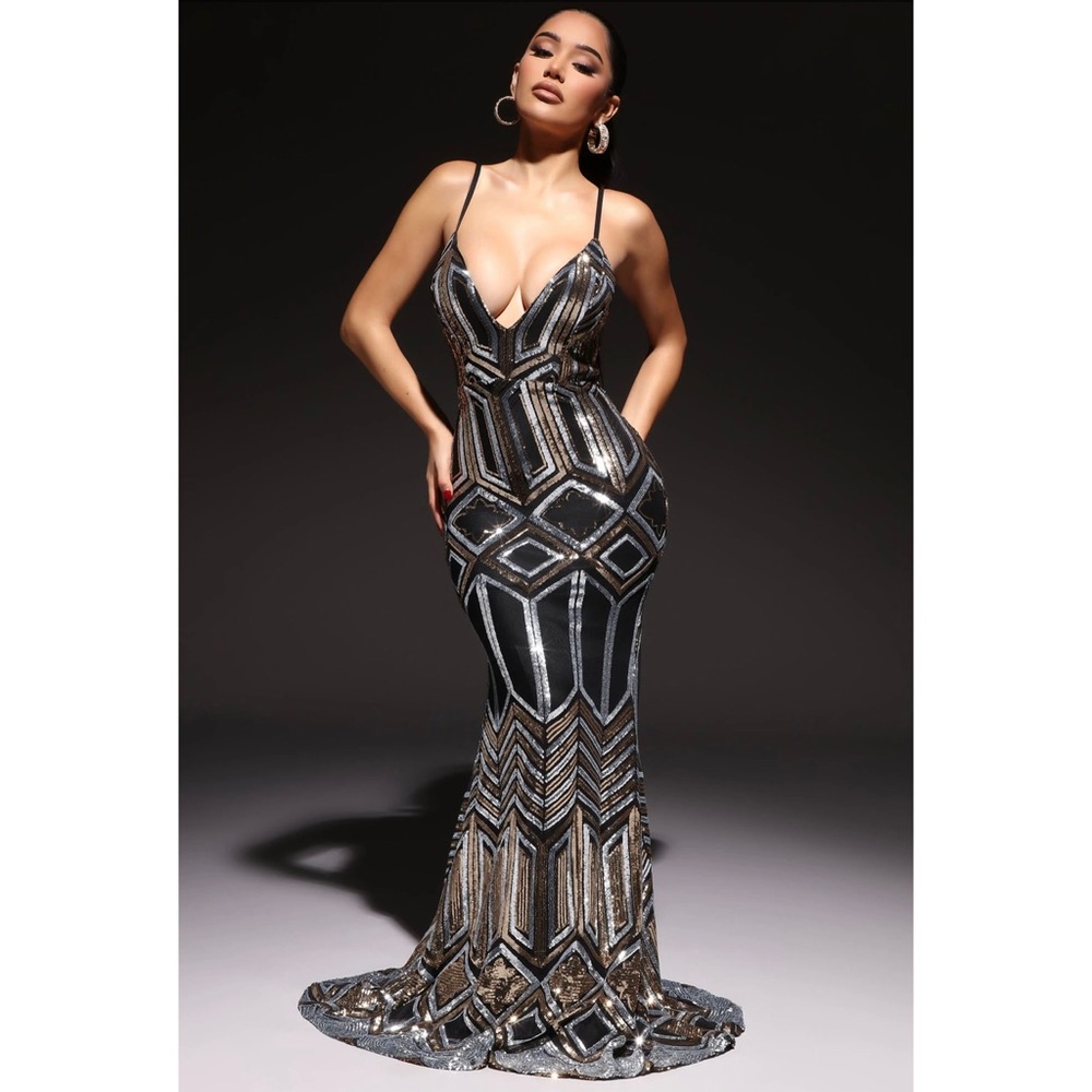 Aliza” Art Deco Sequin Maxi Dress from Fashion Nova